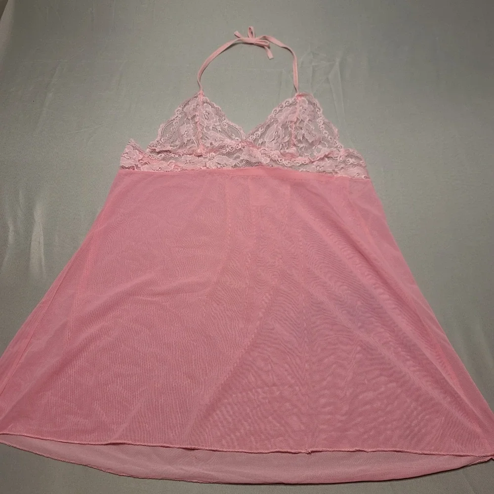 Unbranded‎ Babydoll Chemise Lingerie Women Medium Pink Lace Mesh Halter Nightie